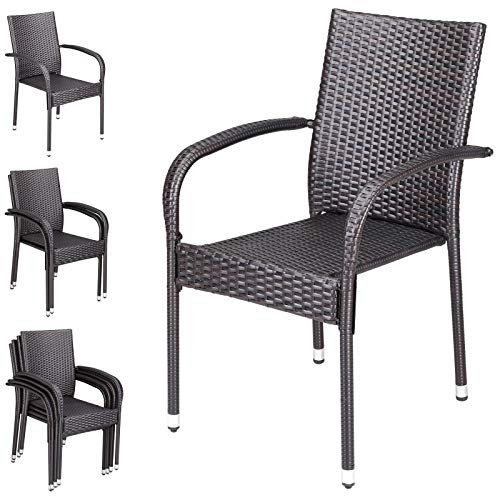 Casaria® Polyrattan Gartenstuhl 4er Set Stapelbar Höhenverstellbar 160 kg Belastbarkeit Armlehne Garten Balkon Terrasse Stapelstuhl Gartensessel Braun