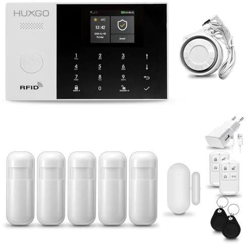 Sistema de Alarma para casa WiFi + gsm con Sirena | Alarma hogar Kit con 5 sensores PIR de Movimiento y 1 Sensor de Puerta/Ventana | Control Desde el teléfono | HUXGO® HXA005