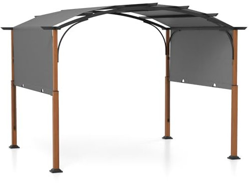 GOPLUS Pergola Rétractable 360 x 300 cm, Pergola de Terrasse Arquée avec Auvent Réglable, Piquets de Sol, Cadre en Métal, Auvent de Patio, Abri Métallique pour Jardin, Porche, Plage, Cour (Gris)