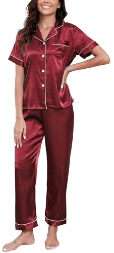 GAESHOW Sidenpyjamas för kvinnor, pyjamas i satin, tvådelad kortärmad pyjamas och långa byxor lättviktig andningsbar mjuk satin nattskjorta S-XXL, Vinröd, L
