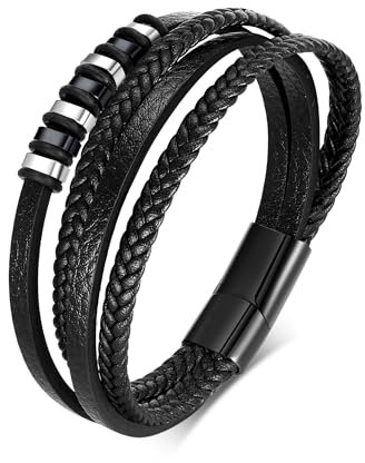 FLHEART Herren Armband Geschenke für Männer - Geflochten Echtleder Wickelarmband mit Magnet Verschluss, Leder Armreif Schwarz Lederarmband Geschenk für Mann Geburtstag Weihnachten, Armbandlänge 21CM