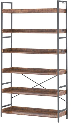 HCHQHS Bookshelf, Adjustable Industrial Bookcase, Vertical Tall Book Shelf, Wood and Black Metal Open Bookshelves for Home Office, Living Room, Bedroom (Rustic Brown, 6-Tier (31 W x 70 H))