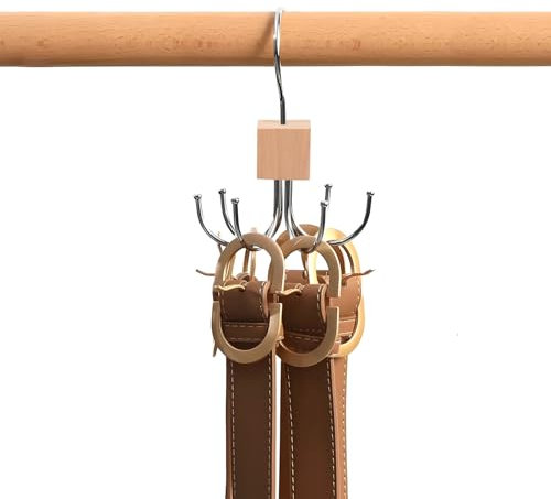 360° Swivel Belt Hanger for Wardrobe, Tie Rack Hanger for Men with 6 Hooks, Belt Storage Organiser, Tie hanger storage for Gloves, Scarves, Handbags (Wood Color)