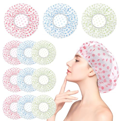simarro 12 Stück Duschhaube Damen, Wasserdichte Elastische Duschkappe Wiederverwendbare Duschhauben Damen, Große Shower Cap Kunststoffkappe für Mädchen Frauen Kosmetik Zuhause Reisen (Blau, Rot, Grün)