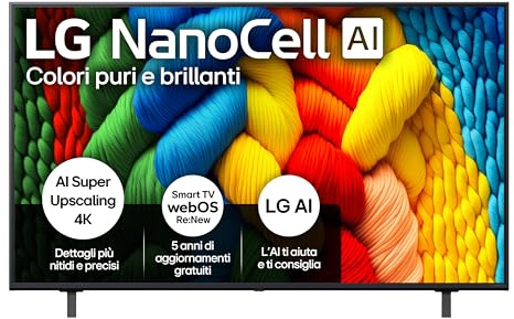 LG NanoCell AI NANO80 TV 55 pollici, Smart TV 4K, Processore α7 Gen8, Tecnologia NanoCell, webOS con AI e telecomando puntatore AI, Filmmaker mode, Gaming con VRR 4K@60Hz, 55NANO80A6B 2025