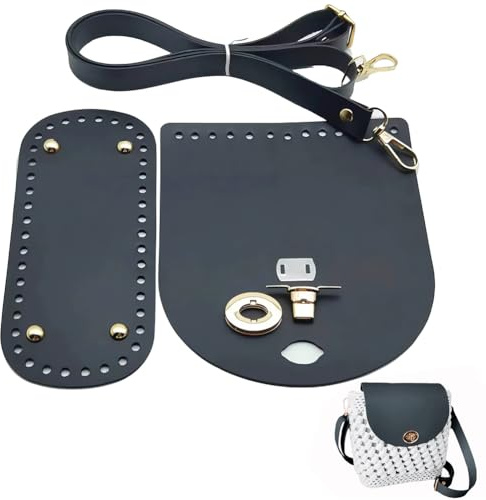 CALFOVERA 3PCS PU Leather Crochet Bag Making Kit Purse Crochet Set Long Oval Handbag Bottom Adjustable Shoulder Strap Flap Cover Accessories for DIY Handbag Purse Backpack Crossbody Black
