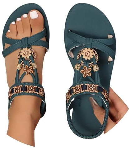 Yekdmxop - Sandalias de mujer elegantes de verano, sandalias joya, cómodas, bajas, con strass, estilo Bohemia, alpargatas, chanclas, de tacón bajo, abiertas, tipo gladiador, sandalias abiertas 2025