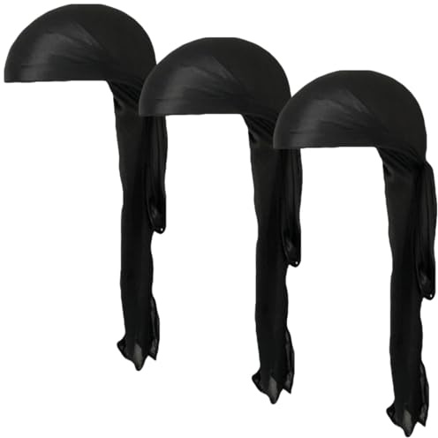 COYUN 3 PCS Durag de Cola Larga, Sombrero Pirata, Gorro de Onda Sedoso Bandanas Piratas Para unisexo, Durag de Seda Satinado Para unisexo, Banda de Cabeza Ondulada, Hip Hop y Decoración Diaria, negro