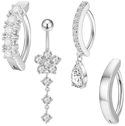 louuuou 4Pcs Belly Button Bars Dangly, Silver 14G Floating Navel Piercing Jewelry, Hypoallergenic Reverse Curved CZ Navel Bars, Belly Button Piercing Jewelry for Women Girls