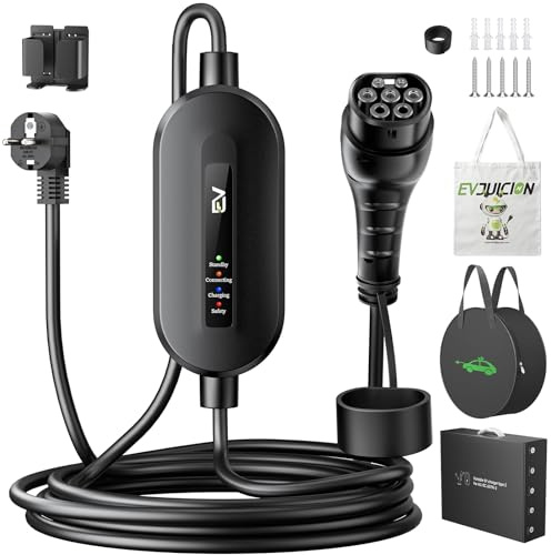 EVJUICION Câble de charge pour voiture électrique type 2 Schuko 3,68 kW [monophasé, 10 m, 16 A], chargeur EV avec voyant lumineux, chargeur EV avec sac en toile et dispositif de maintien pour ID.3
