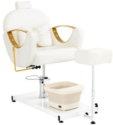 BarberPub Chaise pédicure avec Bain de Pieds et Tabouret, Fauteuil Coiffure accoudoirs laqués Or, réglable et inclinable, siège Soins Pieds Salon manucure F0325 (Or-Blanc)