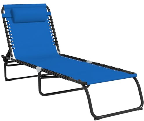 Outsunny Foldable Sun Lounger, Outdoor 4 Level Adjustable Backrest Reclining Chaise Chair, Steel Frame Recliner Chair for Camping, Hiking, Navy Blue