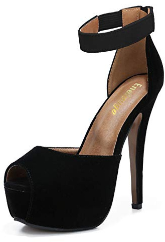 Enelauge Women's Platform High Heels Ankle Straps Sandals Peep Toe Stiletto Pumps Wedding Party Dress Shoes Black Velvet 41-9.5US