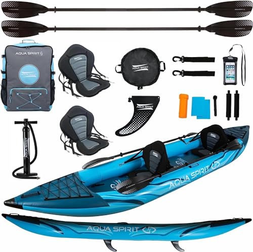 Aqua Spirit Aufblasbares Kajak-Set mit Aluminium-Rudern 2024 für 1 Order 2 Personen | 10'5/13'5 | Kompletter Kajak Satz mit Paddel, Rucksack, Pumpe und weiterem Zubehör | 2 Jahre Garantie