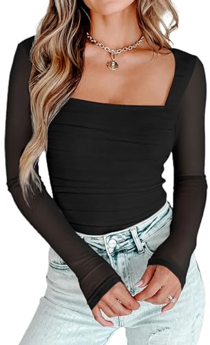 AGECODE Women's Square Neck Mesh Long Sleeve Bodysuit Shirts Ruched Body Suit Leotard Tops Black Large