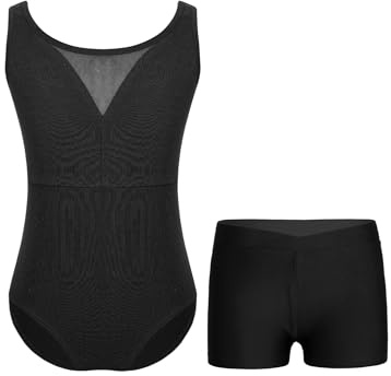 TiaoBug Maillot De Danza Color Sólido Para Niña Maillot Sin Manga Leotardo De Gimnasia Rítmica Patinaje Body Elástico De Ballet Con Pantalones Cortos Traje De Actuacion Negro B 13-14 años