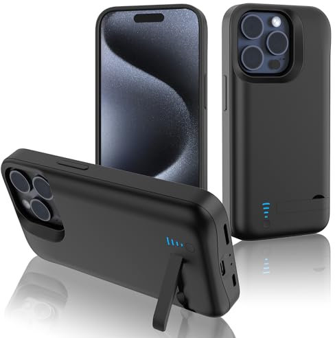 Gladgogo Akku Hülle für iPhone 15 Pro, 6000mAh Akkuhülle mit Ständer,Wiederaufladbar Batterie Ladehülle Akku mit Schutzfolie,Tragbares Batterieladegerät Hülle Leistungsstarke Power Bank