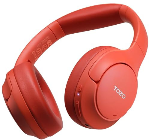 TOZO HT2 Cascos Inalámbricos Bluetooth 5.3 con ANC Híbrida Hi-Res Audio y ORIGX Acústico 40mm Controlador EQ Ajuste 60H Reproducción 3.5mm AUX Audio Cable y USB Tipo C Rojo