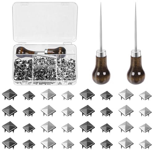 Tanstic 402Pcs Four-Jaw Square Rivets Kit, 8mm 10mm Metal Punk Spikes Square Spike Rivets, Silver Black Spikes Spots Pyramid Studs with Straight Tipped Awl for Leather Bags Shoes Clothing Craft