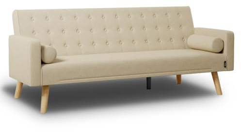 Nalui - Sofá Cama 3 Plazas Acolchado 203x82x78cm One Dots, 2 Cojines y Apertura Clic-Clac con Dif. Grados de Reclinación. Sofá Cama Chaise Longue con Patas de Madera Convertible en Cama Doble | Beig