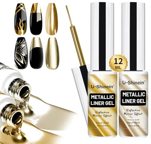 U-Shinein 2x12ml Metallic Painting Nail Gel Liner, Gold & Copper Metal Painted Drawing Gel, Strong Mirror Reflection Nail Art Paint, Nail Liner Gel, UV Nail Gel with Build in Thin Brush