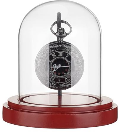 PH PandaHall 7.6x10.5cm Vitrine de Montre de Poche en Verre pour Montre Cloche Dôme Cloche à Dôme avec Base en Bois et Crochet en Métal pour Médailles de Montre de Poche (rouge foncé)