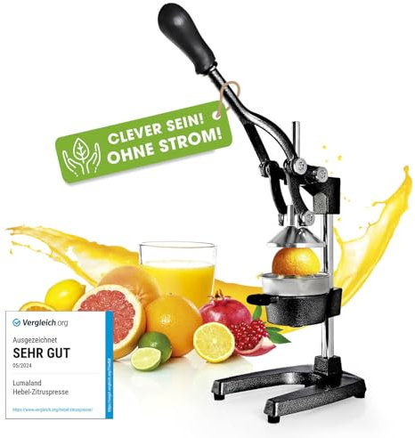Lumaland Entsafter | Zitronenpresse – manuell & leise | Gusseisen Handpresse – Zitrusfrüchte mühelos entsaften | Orangenpresse für Gemüse und Obst | Slow Juicer – sehr pflegeleicht | schwarz