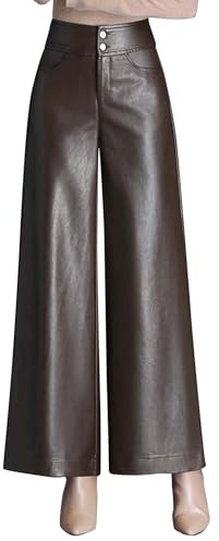 HaoMay Women's High Waist Wide Leg PU Faux Leather Cropped Pants Culottes(Brown-S)
