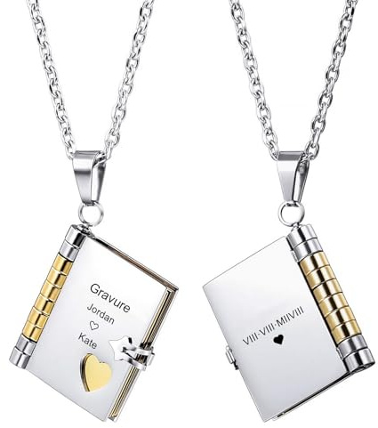 Cupimatch Collier Pendentif Livre Personnalisable en Acier Inoxydable - Bijoux avec Médaillon Gravé avec Message Cadeau Secret pour Couples et Famille