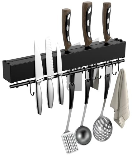 LOTUSWILD Porte Couteaux Aimanté 3 en 1 40cm – Barre Aimantée en Acier Inox avec 8 Crochets & Rangement Couteaux – Montage Autocollant ou Vis – Support Magnetique Cuisine Mural