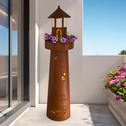 Faros de metal en aspecto óxido con maceta e iluminación – 80 cm – Decoración marítima columna para plantas con luz blanca cálida iluminada con temporizador – Lámpara decorativa para jardín