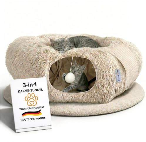 3-in-1 Katzentunnel mit Katzenbett & Kratzflächen | Flexibel nutzbarer Premium Katzentunnel aus weichem Plüsch als Katzenhöhle, Katzenkorb & Katzenspielzeug | Waschbar | Mit Sisal Kratzmatte | BEIGE