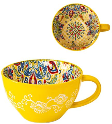 Bibykivn Tazza da Zuppa in Ceramica 400 ml con Manico, Ciotola da Zuppa in Ceramica Dipinta a Mano, Resistente al Forno e Microonde - Per Colazione, Müesli, Dessert, Latte, Frutta e Insalata (MLYG)