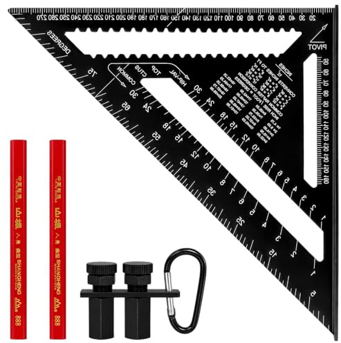 Escuadra Carpintero 300mm, 12 Pulgadas Escuadras Metalicas con 2 Lápices & Abrazadera, Herramientas de Carpintero para Medir, Marcar, Cortar (Negro)