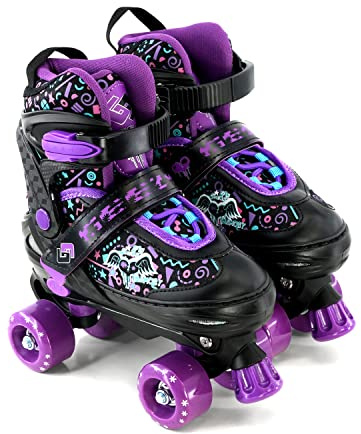The Magic Toy Shop Kids Roller Skates Adjustable, Black & Purple, Medium | Quad skates featuring PVC wheels, front brake, and carry strap. Hook & loop fastener ideal for girls & boys outdoor sports.
