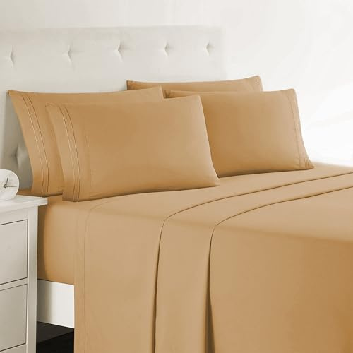Clara Clark Twin Sheets, 5 Piece Set - Hotel Luxury Sheets for Twin Size Bed, Super Soft Bedding Sheets & Pillowcases, Twin Size Sheets, Camel Gold