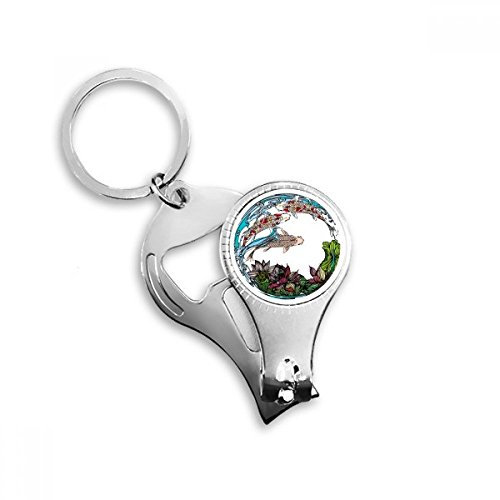 Patrón de hojas de loto la geometría de la carpa Llavero anillo Multi funcion cortauñas abrelatas de botella regalo