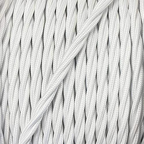 ElekTek verdrilltes umflochtenes Textilkabel, textilummanteltes Stromkabel, Passende Farben für Deckenrosette, Deckenbaldachin, Lampenkette und Lampenfassungen - Packung mit 2 m Länge Weiß Glänzend
