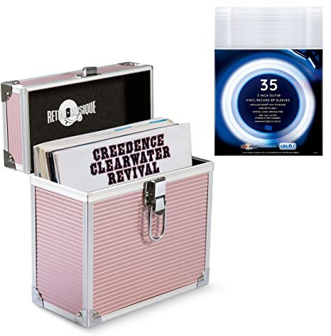 Retro musique Aluminium 7 Vinyl Record EP Storage Case Holds up to 35 EPs (in PVC Sleeves) Includes 35 Vinyl Record Outer Sleeves (Rose Gold)