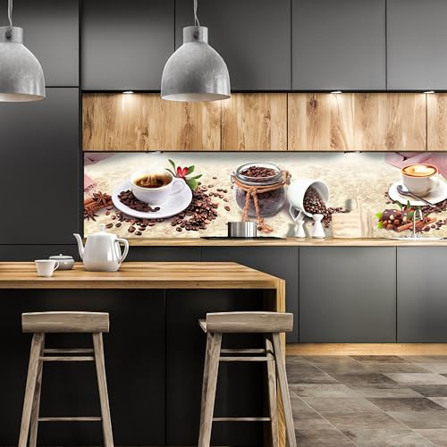 wandmotiv24 Küchenrückwand Kaffee Tasse Glas Schokolade Haselnuss 160 x 60cm (B x H) - Selbstklebende PET-Folie Nischenrückwand, Spritzschutz, Fliesenspiegel-Ersatz, Deko Küche Vanille M1170