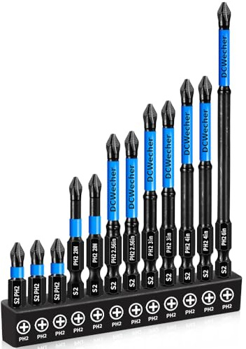 12-Pack 2 Phillips Bits #2 Impact Magnetic, Professional Long Phillips Head Drill & Screwdriver Bit (1-6-Inch), S2 Alloy Steel, CNC Anti-Slip, 1/4 Hex Shank, Ph2 for Impact Driver, by DCWecher