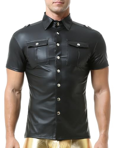 QiaTi Camicia da uomo in pelle sintetica con 2 tasche, con bottoni, scollatura, a maniche corte, per lavoro, lavoro, casual, Nero , L
