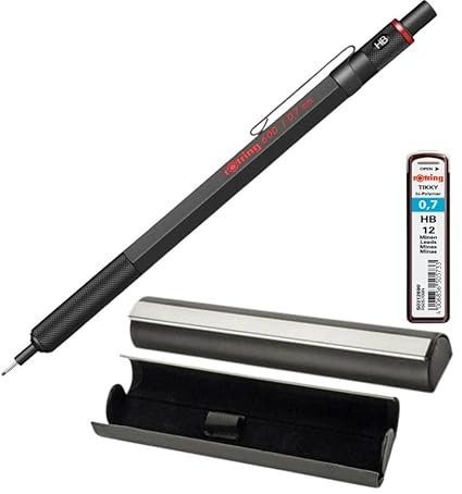 rOtring 600 Mechanical Pencil Set | 12 leads 0.7 mm HB | Black All-Metal Body Propelling | Pencil in an elegant magnetically closed Case
