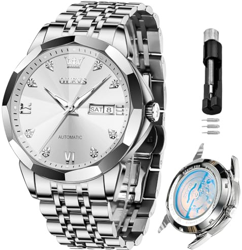 OLEVS Automatic Watches for Men Mechanical Business Dress Stainless Steel Self Winding Mens Watch Waterproof Date Day Men Silver Watch