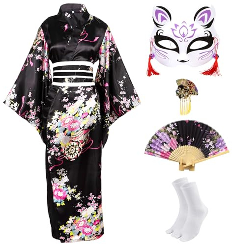 CRFASIBE 5 Piezas Kimono Mujer, Kimono con Estampado Floral, Japonesa Geisha Yukata Disfraz con Accesorios, Conjunto de Disfraces para Cosplay Carnevale(Negro)