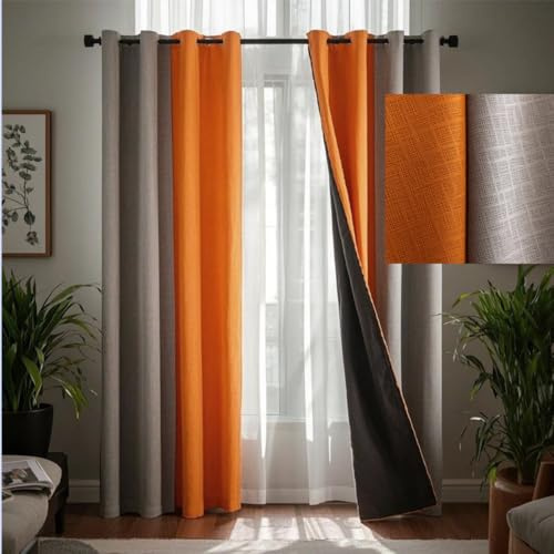 F-CHU Burnt Orange Curtains for Living Room Grey and Orange Patchwork Curtains Thermal Insulated Room Darkening Window Drapes for Bedroom Grommet 72 inch Long 2 Panels