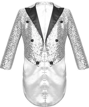 inhzoy Giacca Frac Bambini e Ragazzi Blazer Tuxedo Giacca da Compleanno Matrimonio Nuziale Jacket Slim Fit Tailcoat con Paillettes Cappotto Gentiluomo Giacca Formale Argento 9-10 Anni