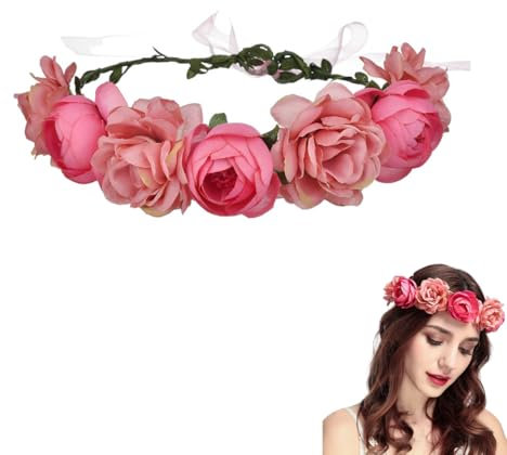 Heanvmyss Couronne de Fleur,Cheveux Boheme Couronne de Rose,Wedding Floral Guirlande Couronne Demoiselle,Fleur Bandeau Réglable pour Femmes Filles Party Festival Beach Travle Mariage(Rose)