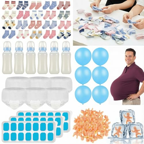 Soulchen 4 Baby Shower Games Set for 6 Guests Include Bottle Chug Baby Shower Game, Tie Your Shoe, Hunt Socks and My Water Broke Juegos Para Theme Party Activitie for Adults Gender Reveal(Lovely,Blue)