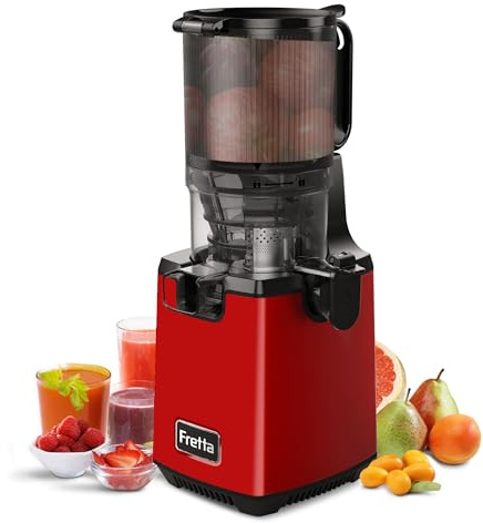 Fretta Juicepressare med långsam tuggning, stor 135 mm matningskanal för hela frukt och grönsaker, lätt att rengöra, automatisk juicepress, BPA-fri, 250 W, rostfritt stål Röd